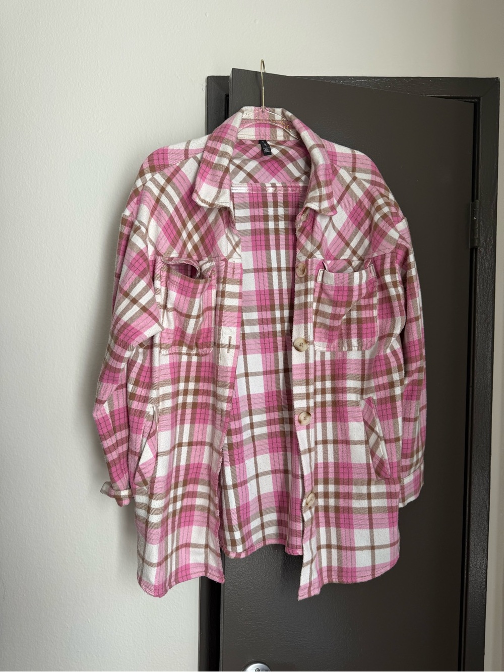 Amisu Pink White Brown Plaid Button-Up Shacket
